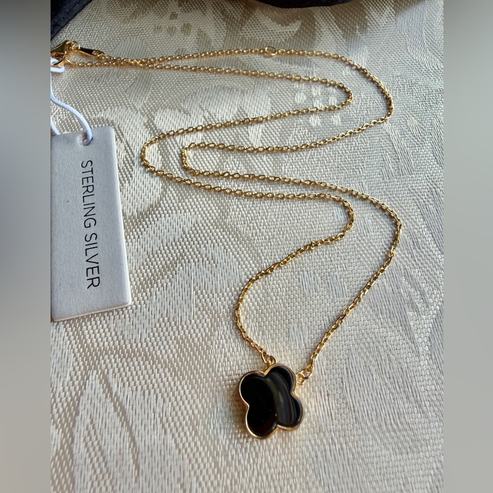 Rachel Zoe 925 Silver Gold Plated Reversible Onyx & Gold Clover Necklace